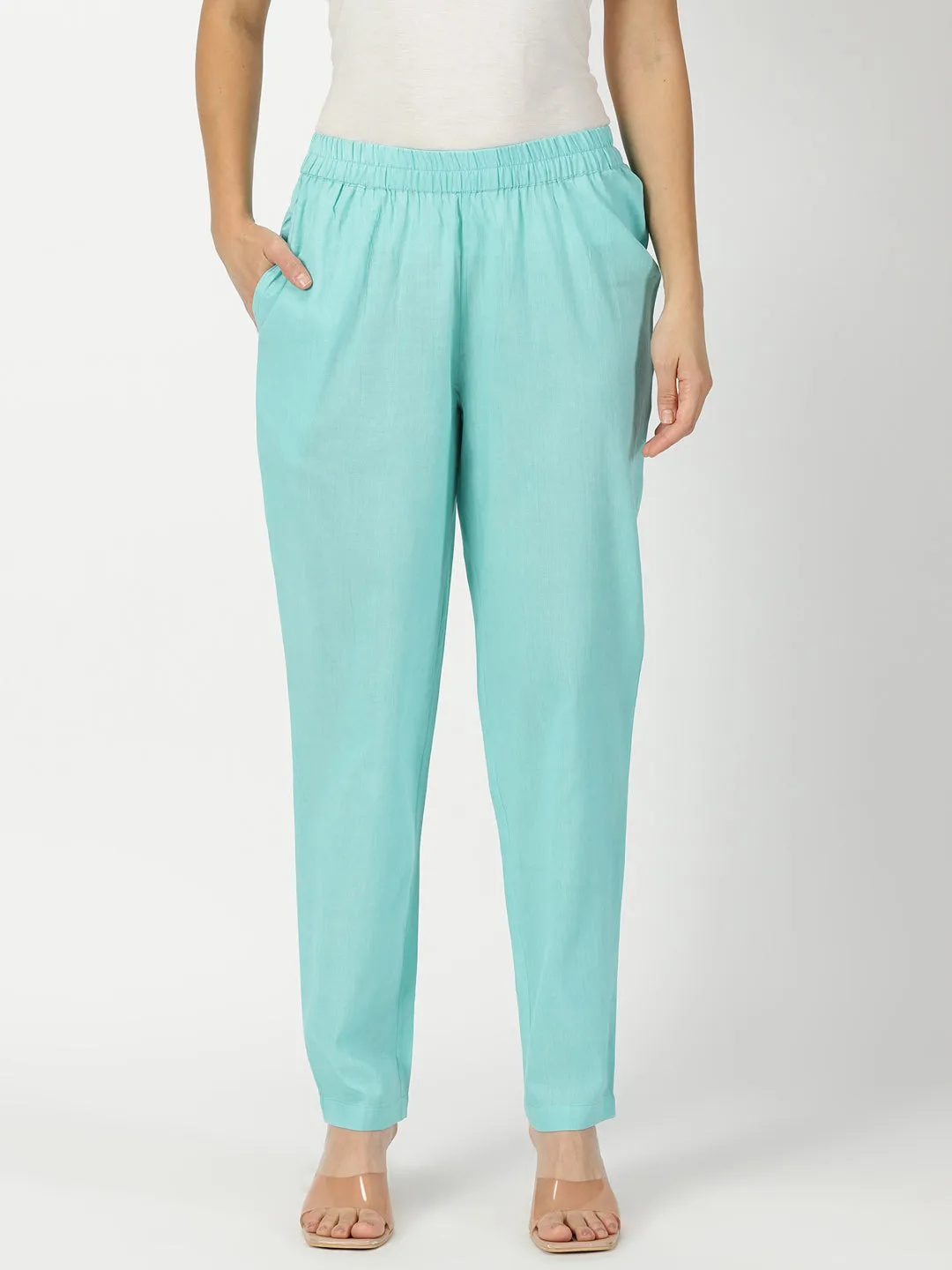 Sea Green Straight Fit Cotton Trouser