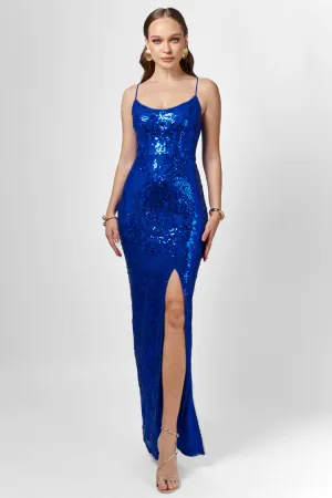 Sera Strappy Back Sequin Gown in Cobalt