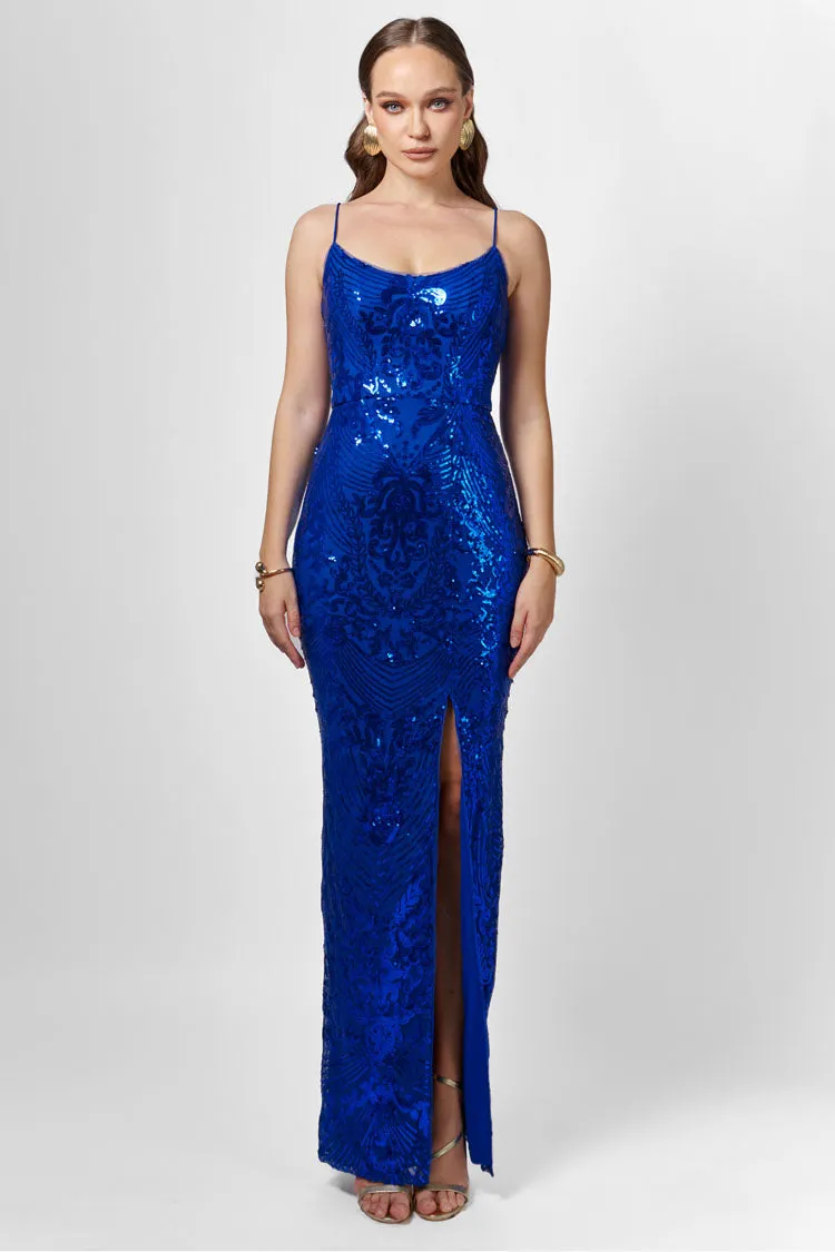 Sera Strappy Back Sequin Gown in Cobalt