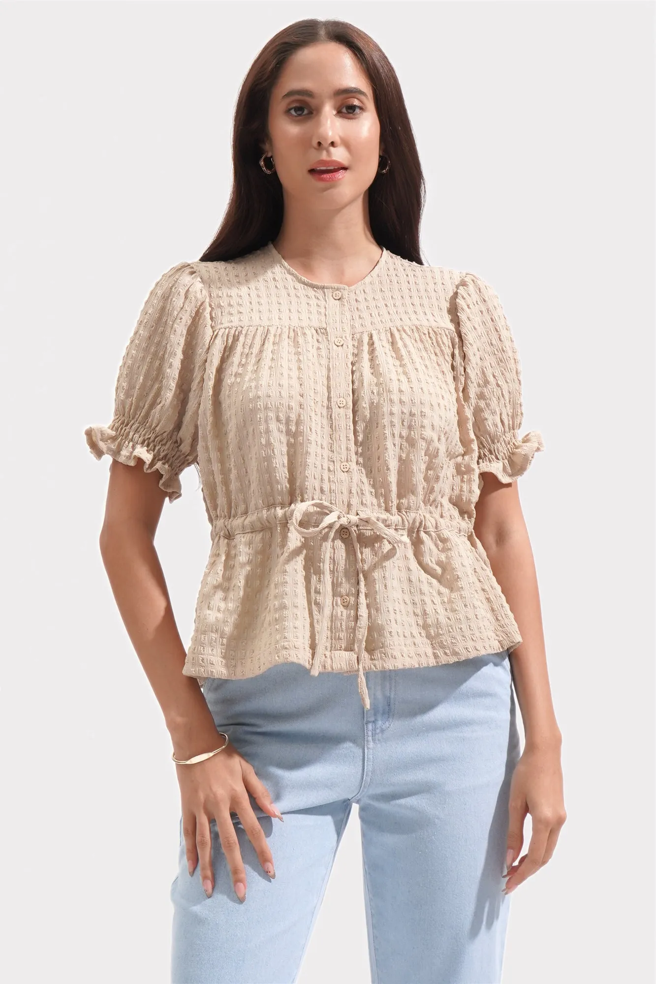 Shirred Button Down Top