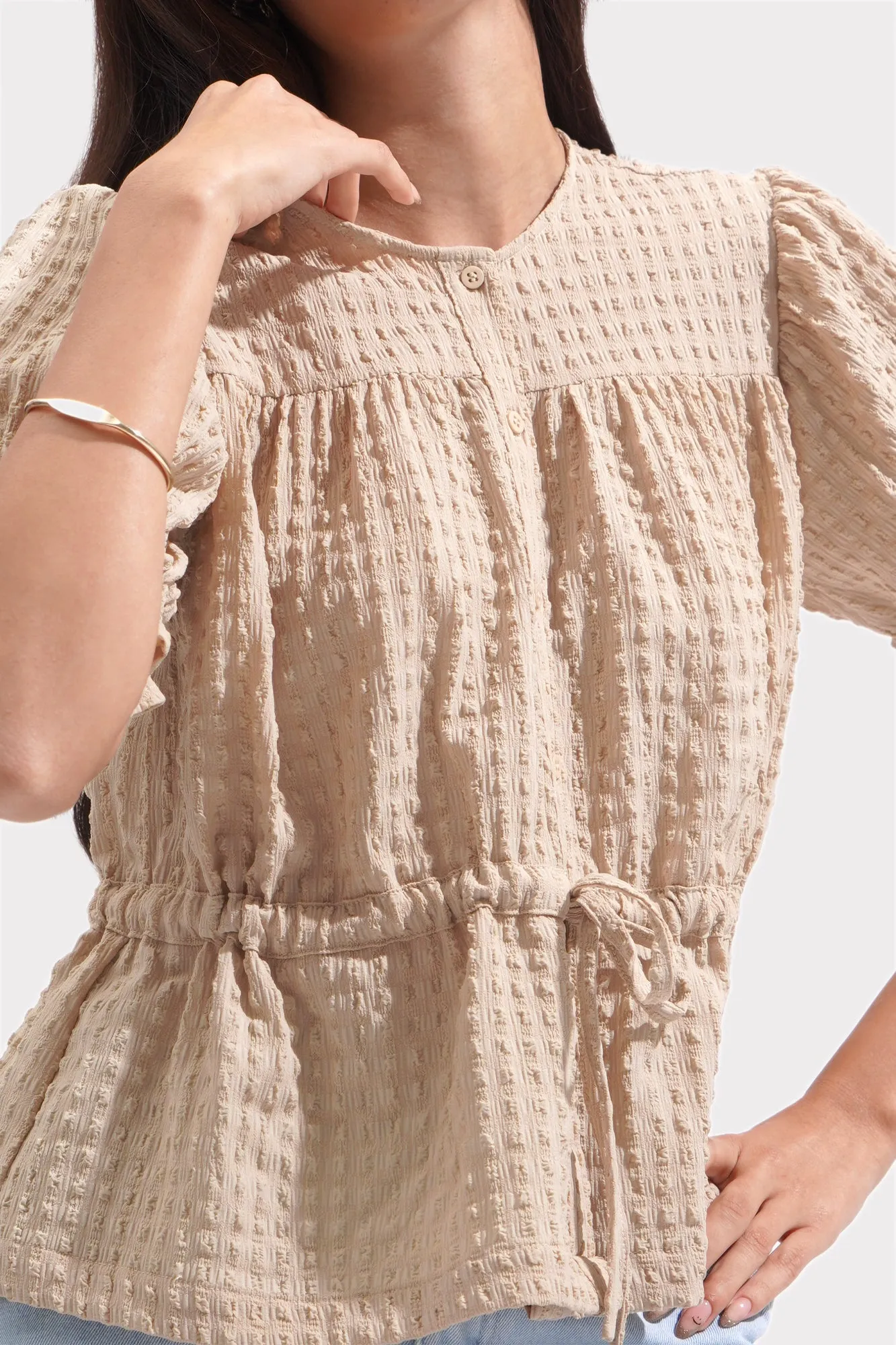 Shirred Button Down Top