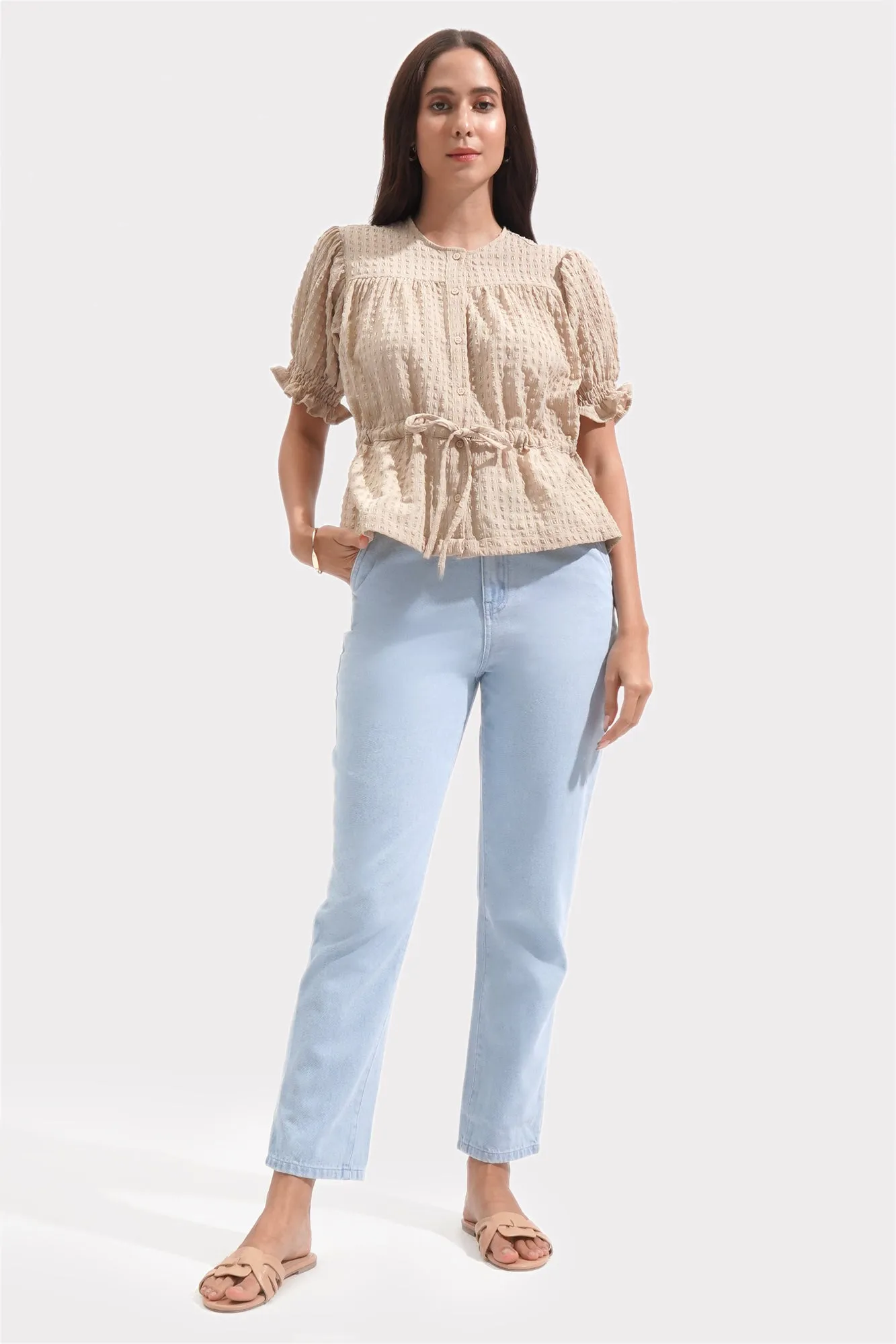 Shirred Button Down Top