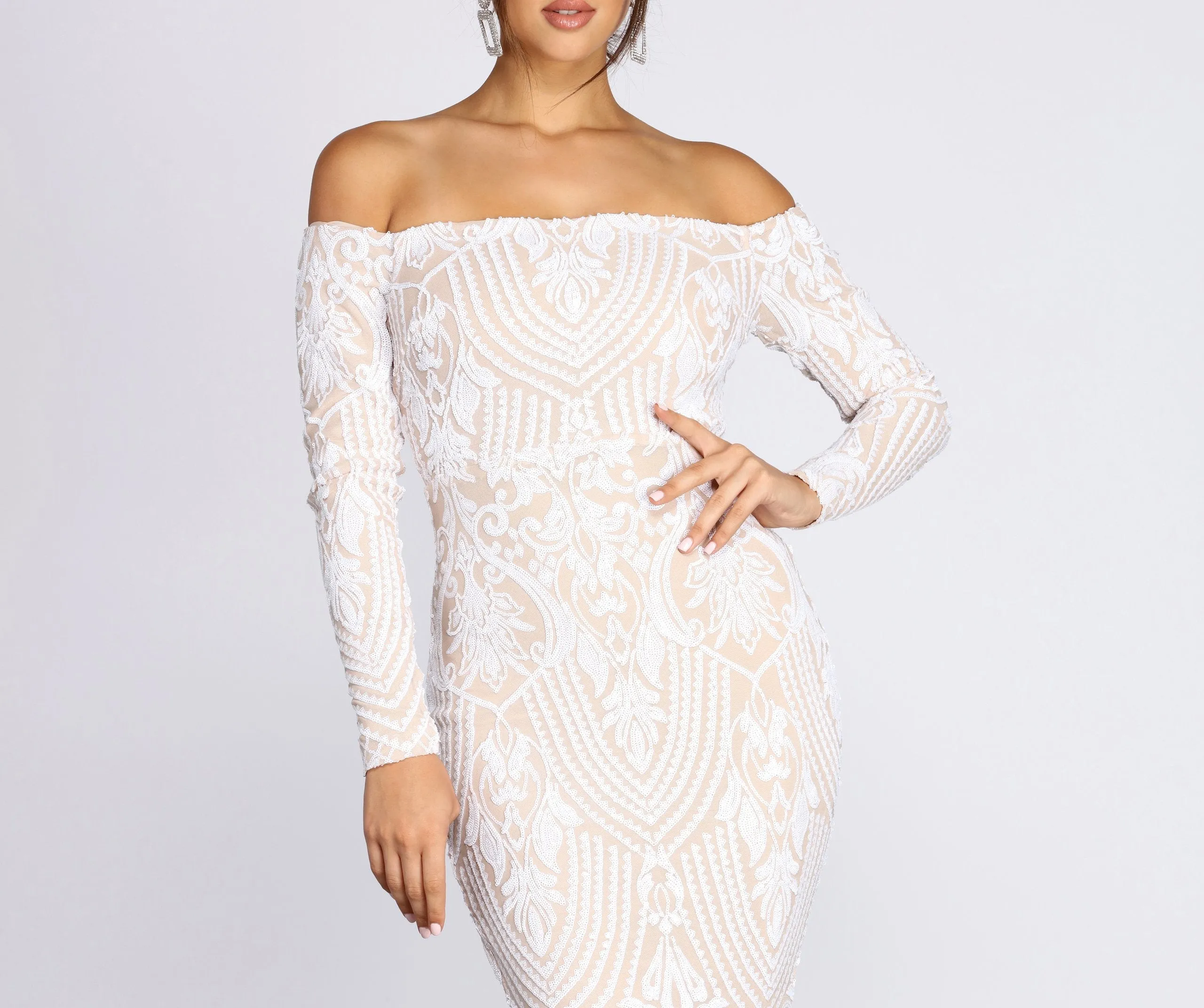 Sierra Sequin Off Charming The Shoulder Formal Dress