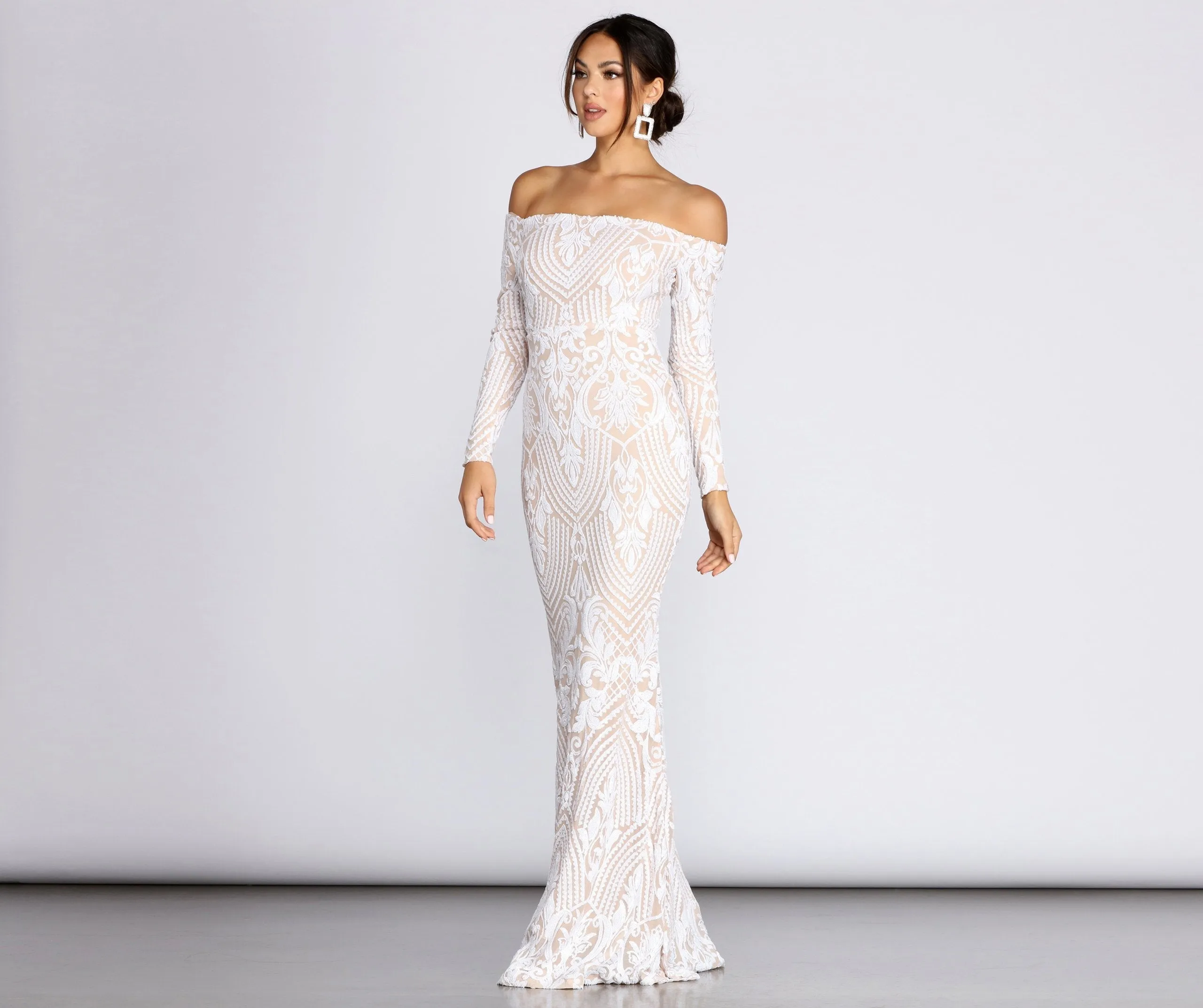 Sierra Sequin Off Charming The Shoulder Formal Dress