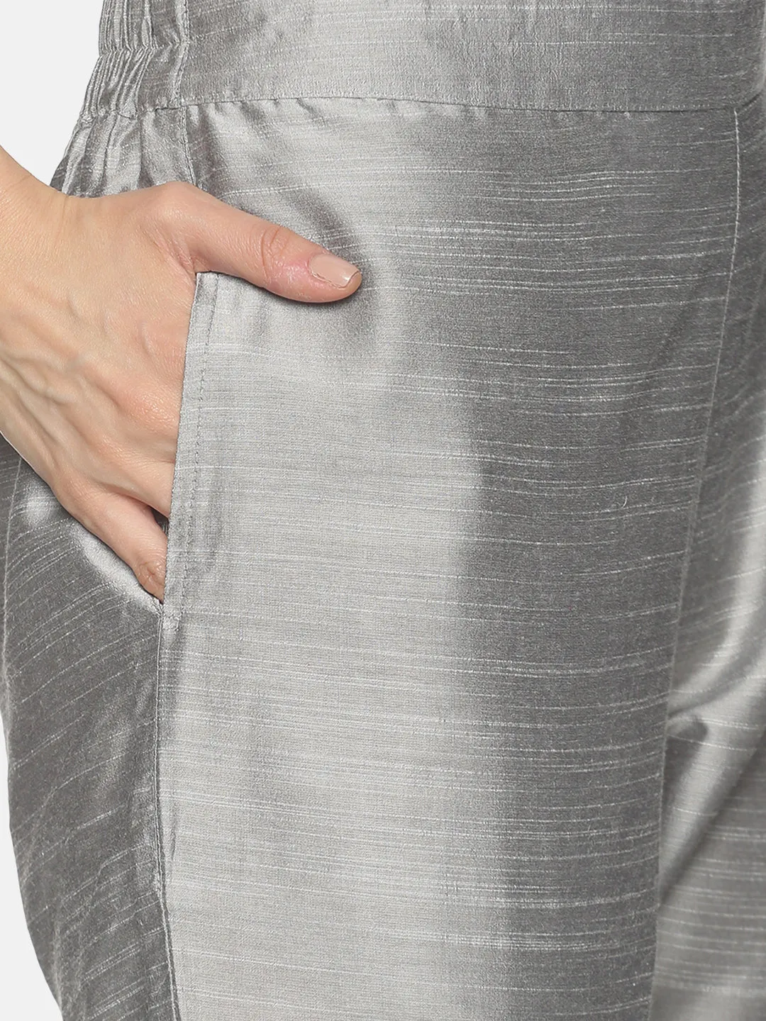 Silver Slub Regular Fit Solid Trouser With Side Pocket