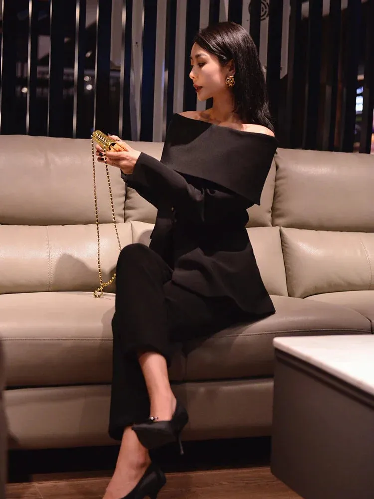 Slash Neck Chic Blazers Women Off Shoulder Long Sleeve Patchwork Single Button Solid Coat