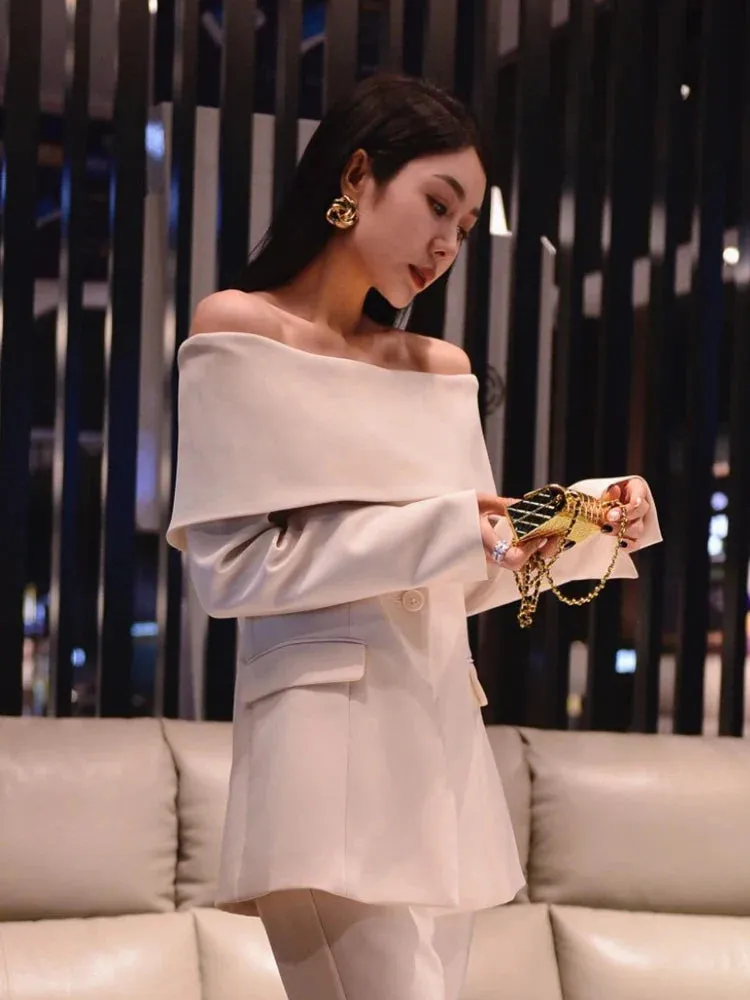 Slash Neck Chic Blazers Women Off Shoulder Long Sleeve Patchwork Single Button Solid Coat