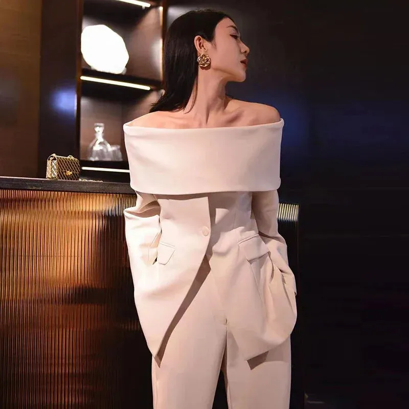 Slash Neck Chic Blazers Women Off Shoulder Long Sleeve Patchwork Single Button Solid Coat