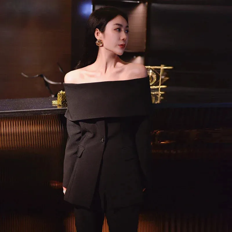 Slash Neck Chic Blazers Women Off Shoulder Long Sleeve Patchwork Single Button Solid Coat