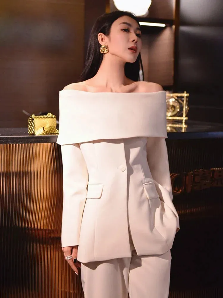 Slash Neck Chic Blazers Women Off Shoulder Long Sleeve Patchwork Single Button Solid Coat