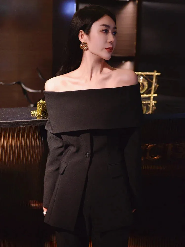 Slash Neck Chic Blazers Women Off Shoulder Long Sleeve Patchwork Single Button Solid Coat