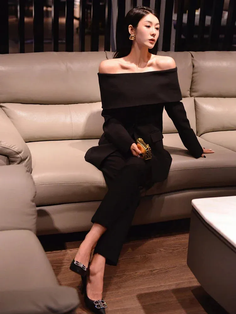 Slash Neck Chic Blazers Women Off Shoulder Long Sleeve Patchwork Single Button Solid Coat