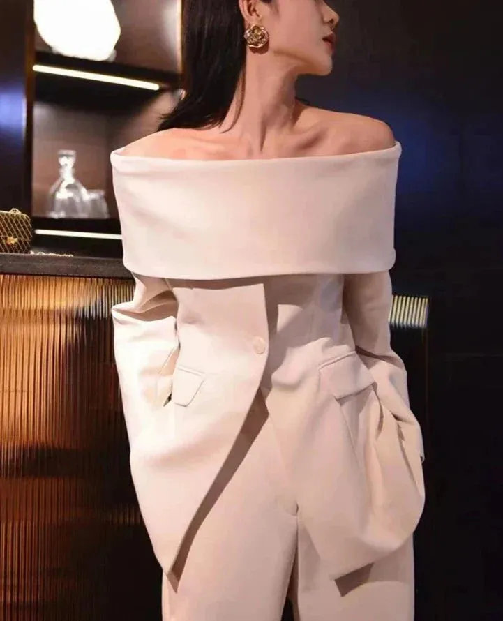 Slash Neck Chic Blazers Women Off Shoulder Long Sleeve Patchwork Single Button Solid Coat