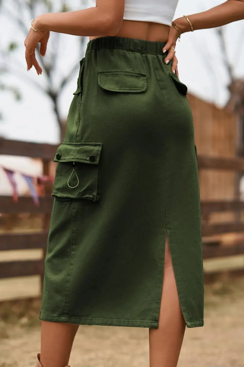 'Solana' Drawstring Waist Slit Denim Skirt