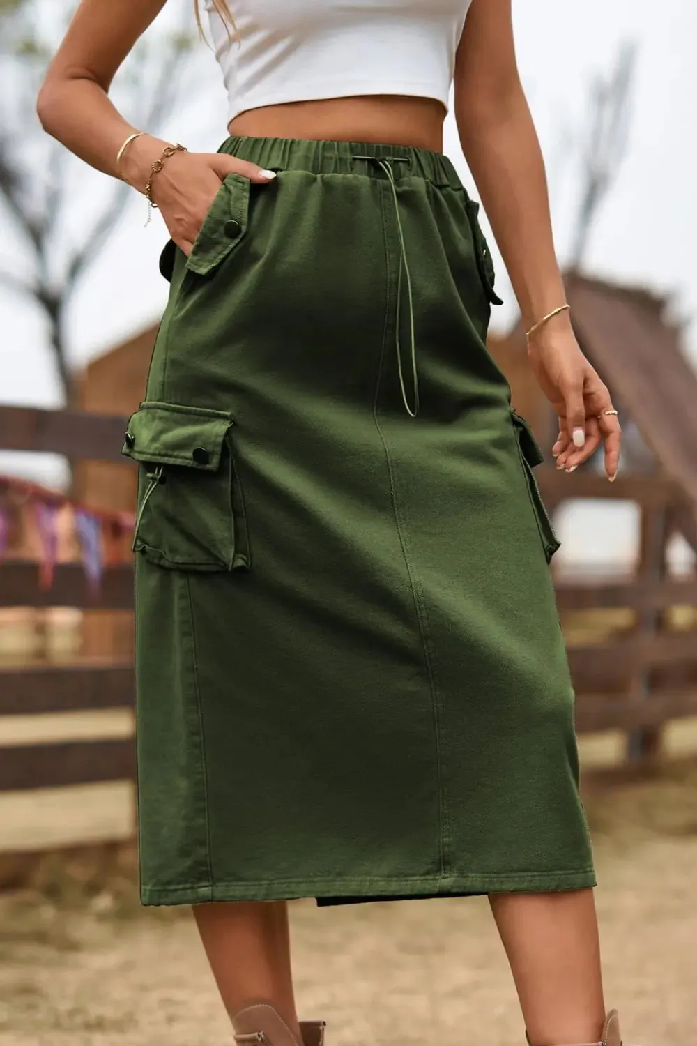 'Solana' Drawstring Waist Slit Denim Skirt