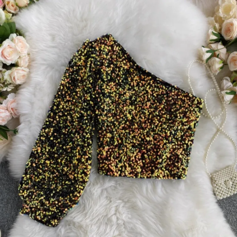 Sparkling Glitter T-shirt Long Sleeved Top For Women
