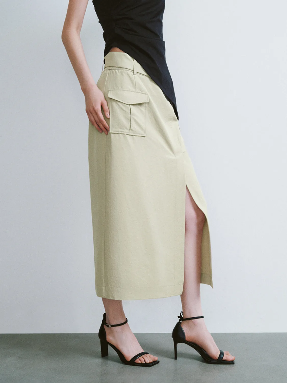 Split Hem Flap Pocket Straight Skirts