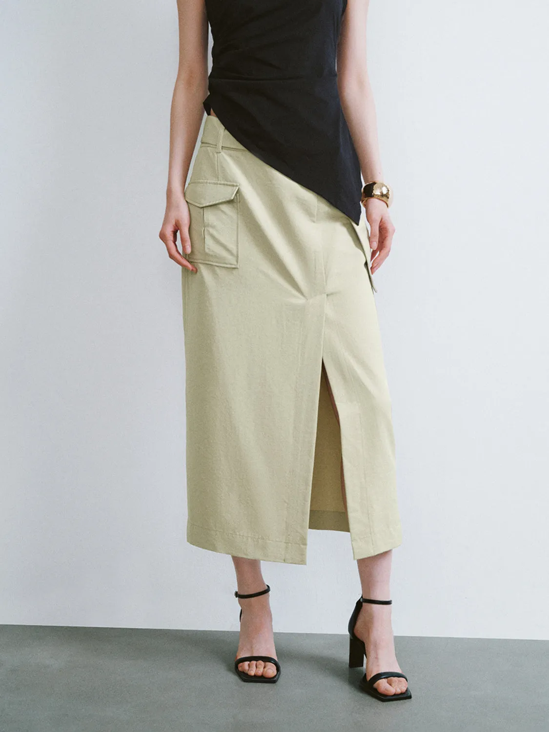 Split Hem Flap Pocket Straight Skirts