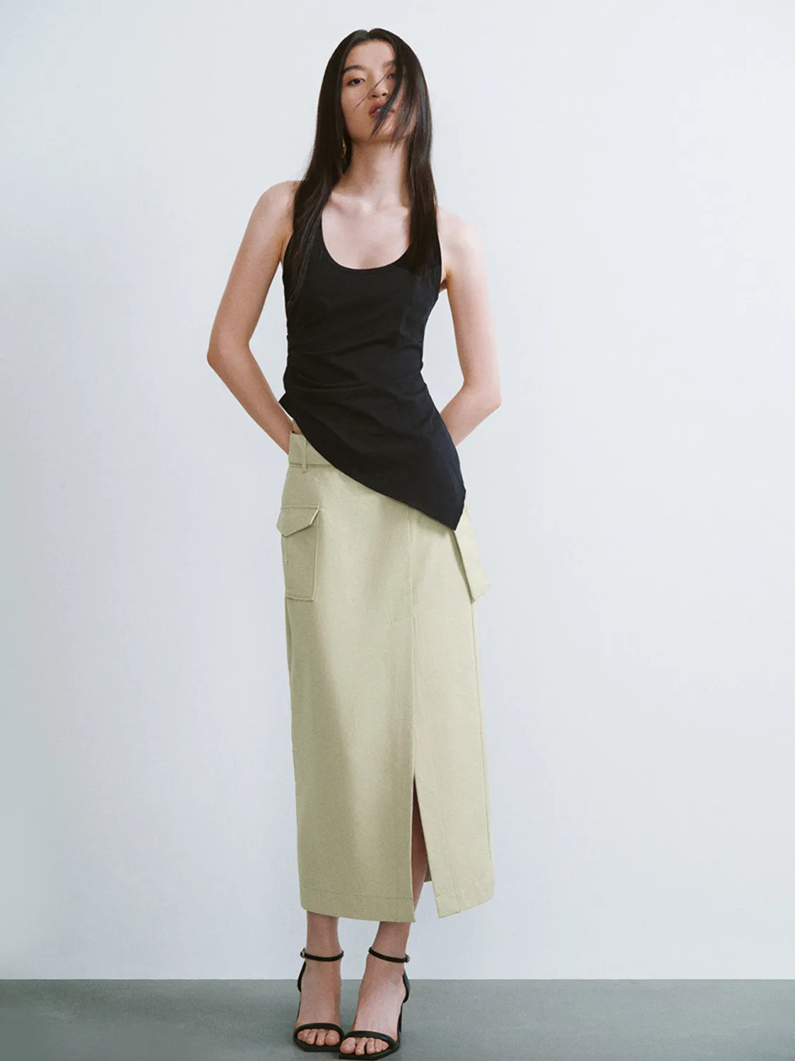 Split Hem Flap Pocket Straight Skirts