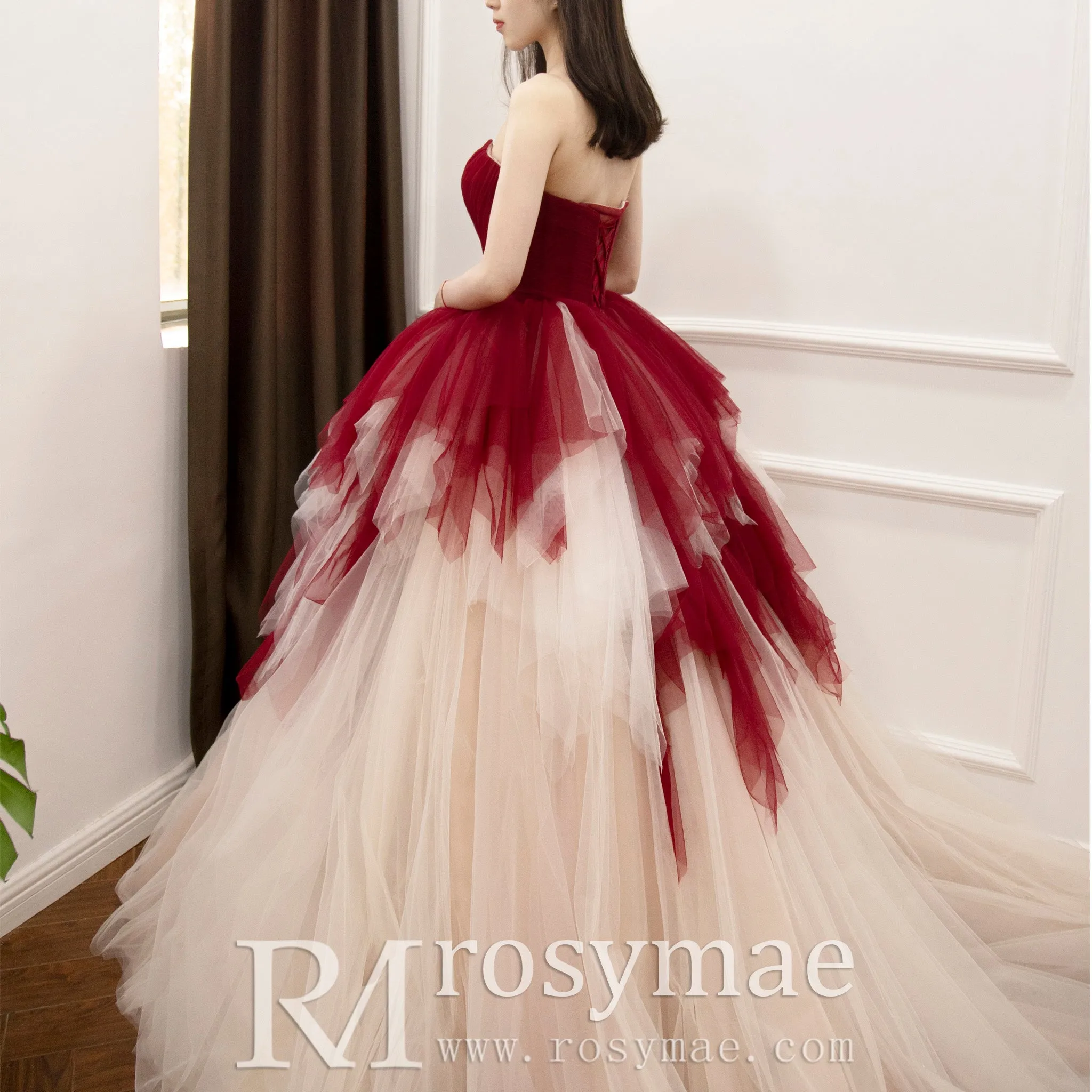 Strapless Ball Gown Red and White Wedding Dress with Sweetheart