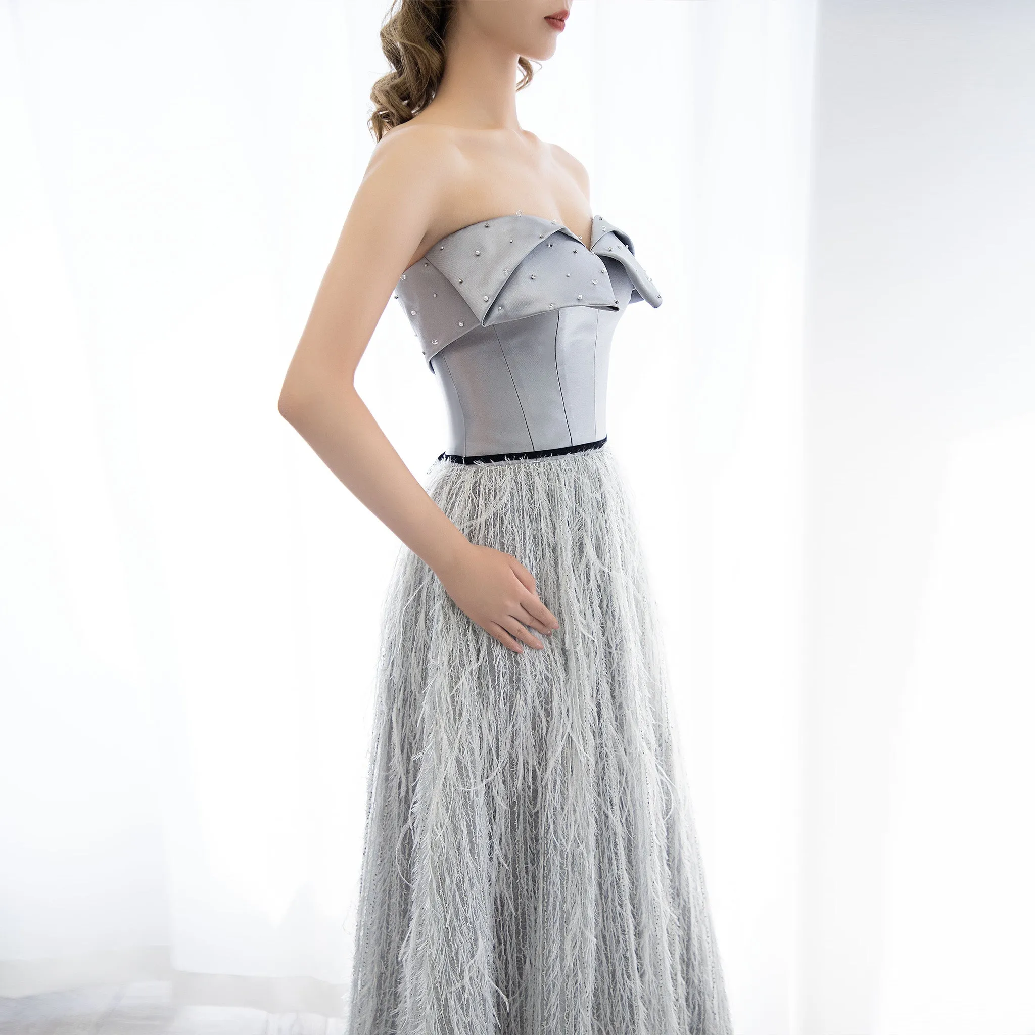 Strapless Formal Gown Evening Party Prom Dress with Feathers