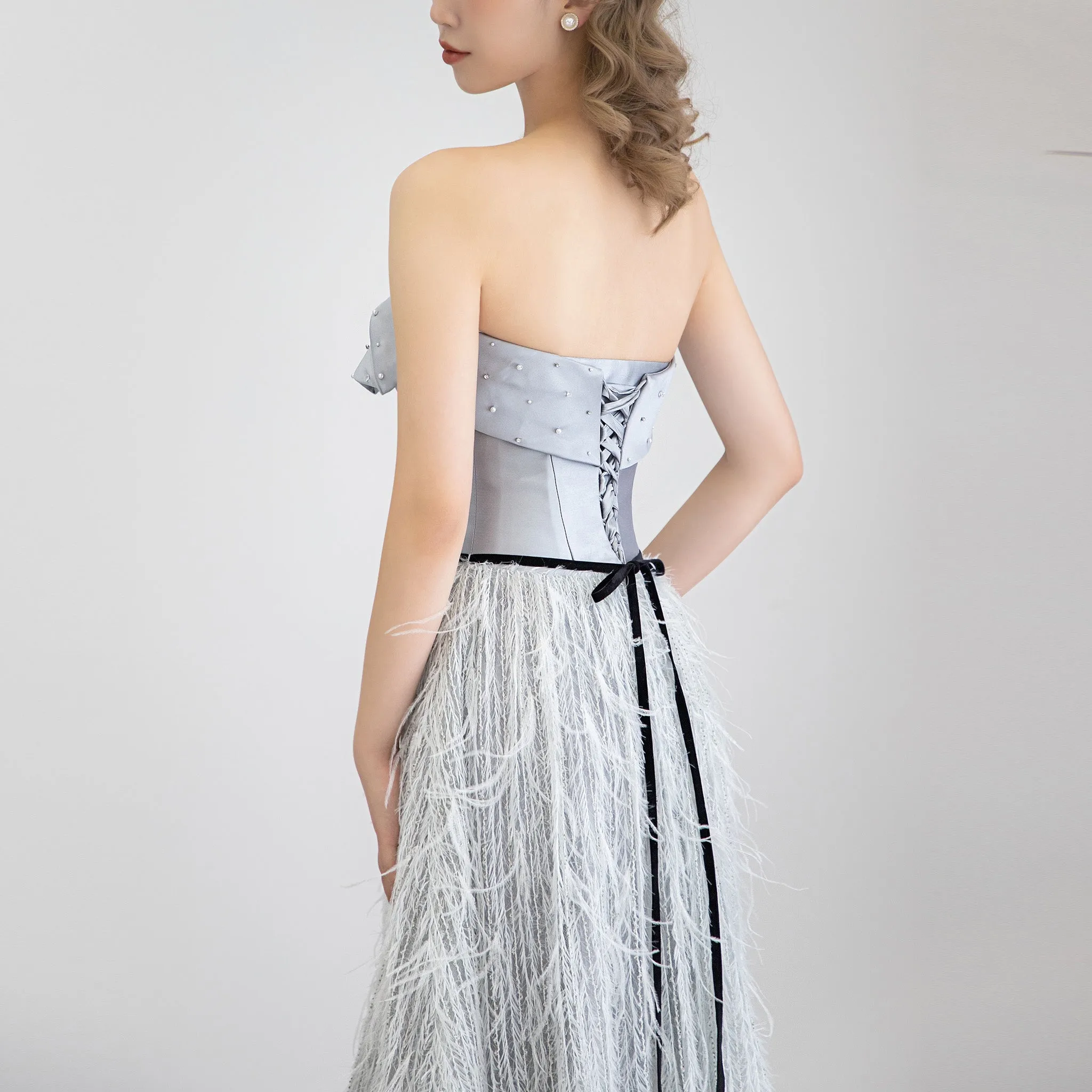 Strapless Formal Gown Evening Party Prom Dress with Feathers