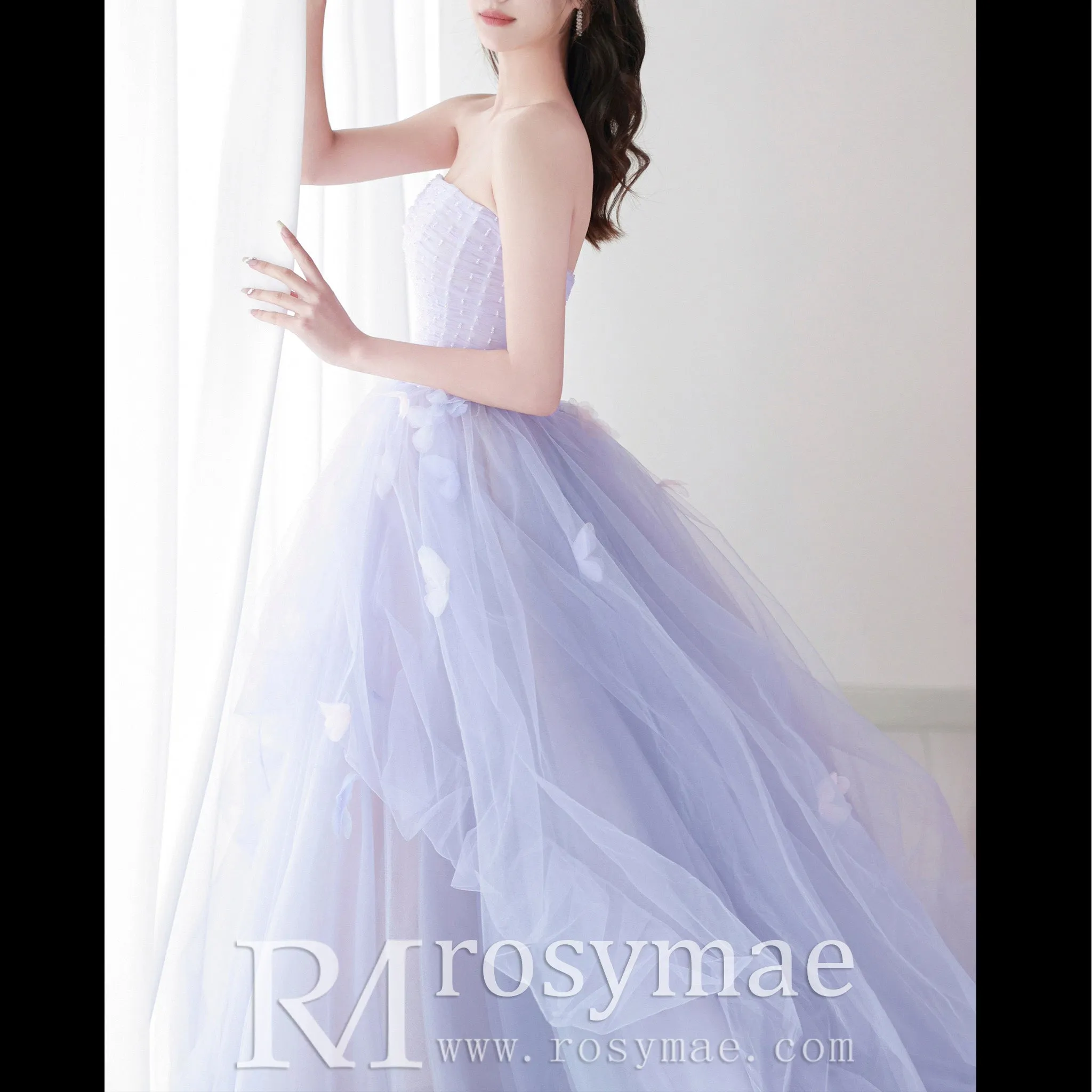 Strapless Lilac Ruffle Wedding Dresses Formal Gown for Women