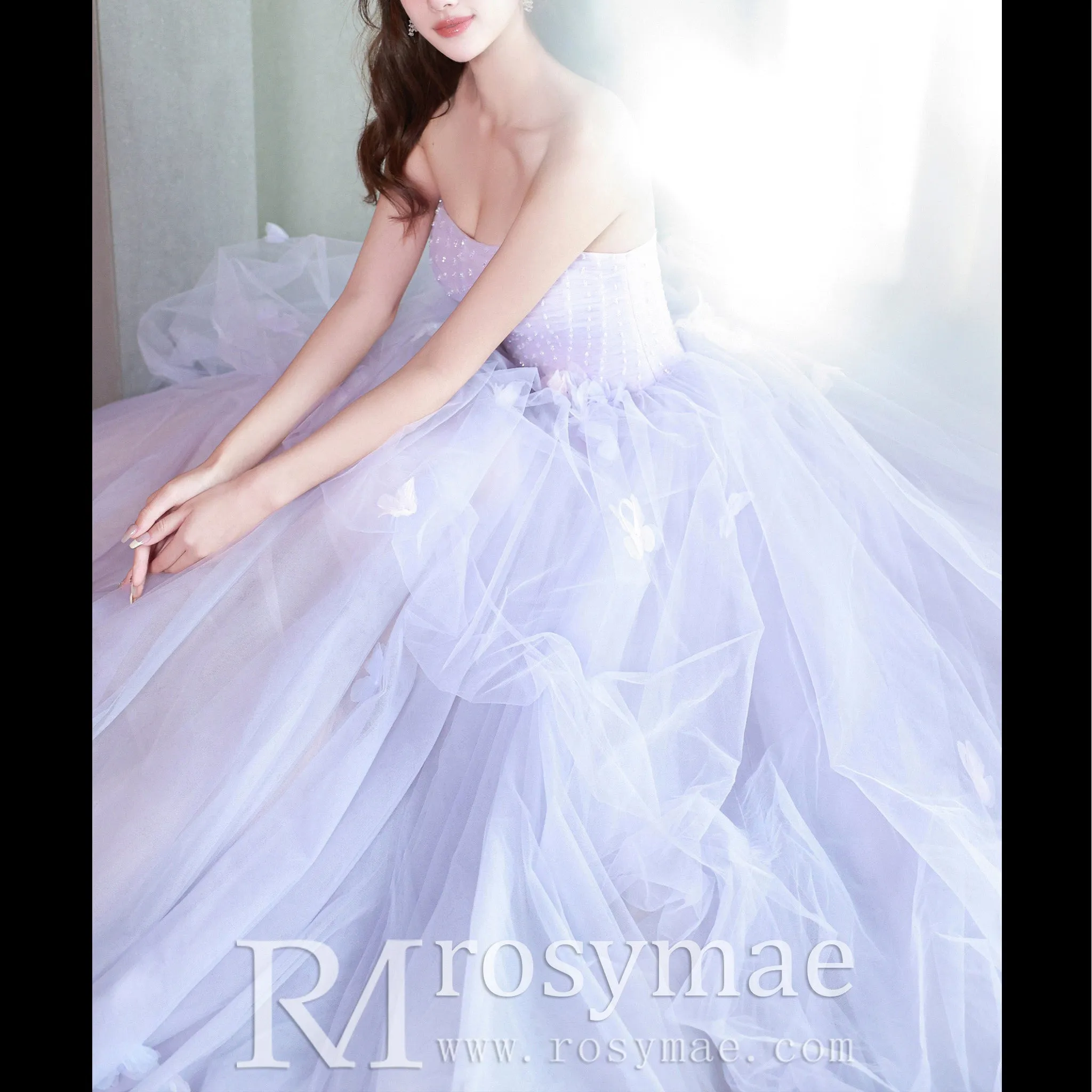 Strapless Lilac Ruffle Wedding Dresses Formal Gown for Women