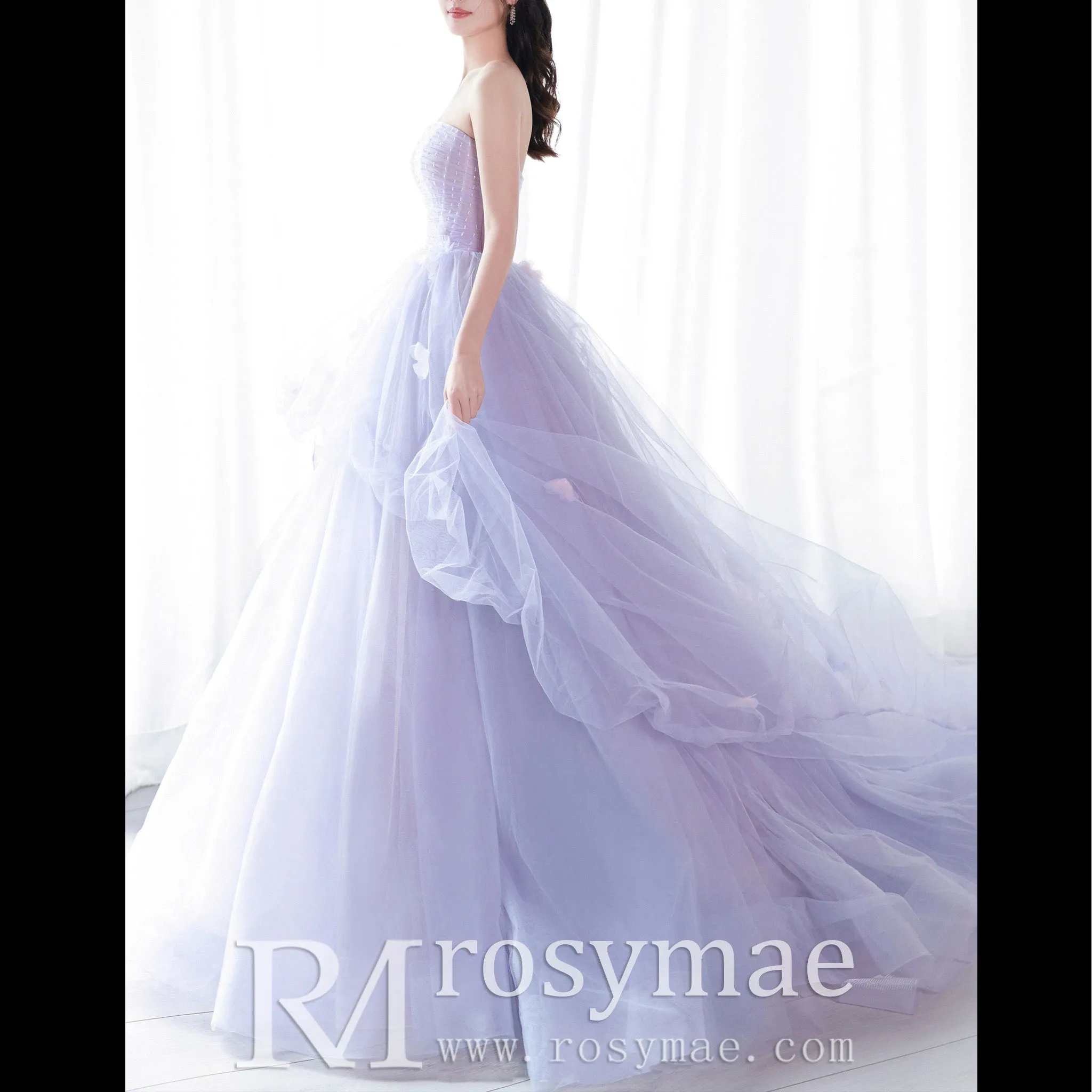 Strapless Lilac Ruffle Wedding Dresses Formal Gown for Women