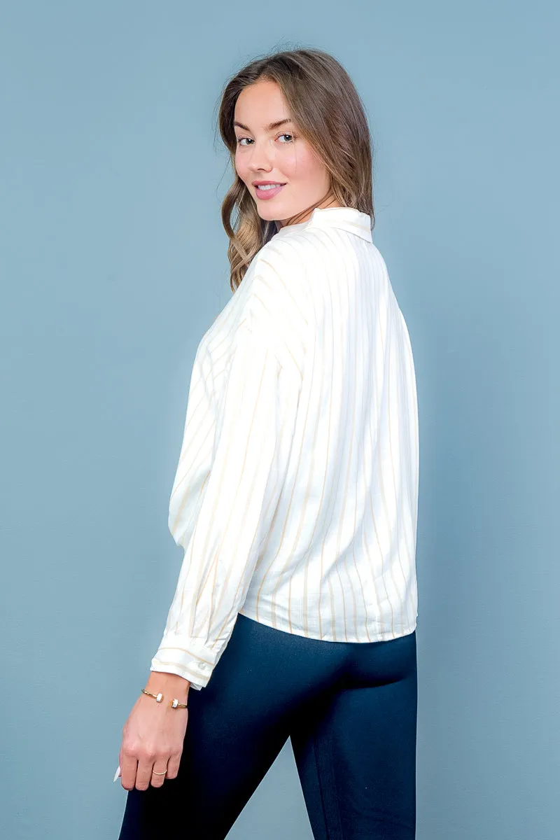 Striped Button Down Long Sleeve Top with Twist Detail (2158TK)