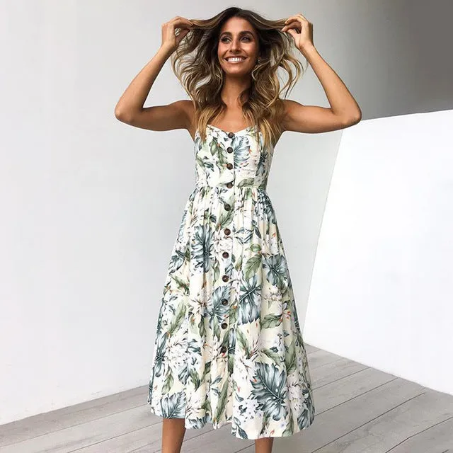 Summer Dress 2018 Strap Printed Floral Dot Long Boho Bohemian Women Sundress Sexy Casual Loose Vintage Ladies Beach Dresses