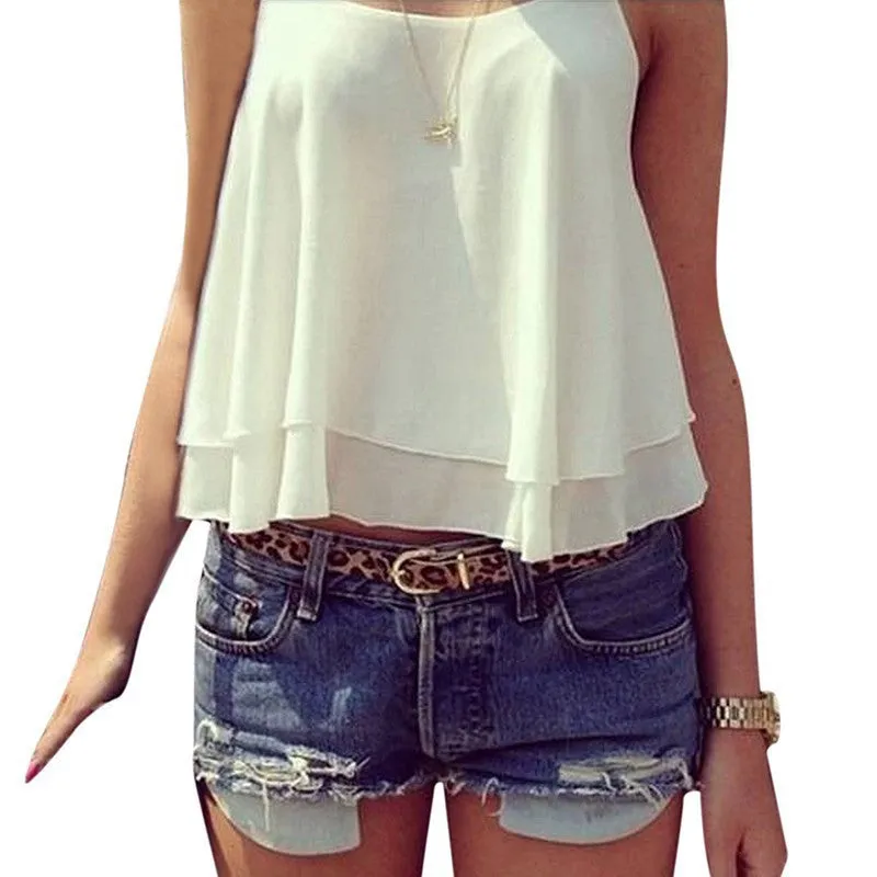 Summer Women Strap Tank Tops Sleeveless White Chiffon Casual T-shirt Vest Crop Tops