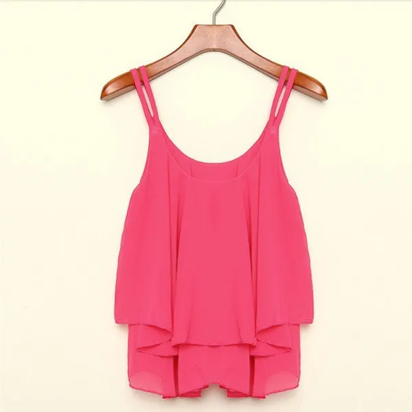 Summer Women Strap Tank Tops Sleeveless White Chiffon Casual T-shirt Vest Crop Tops