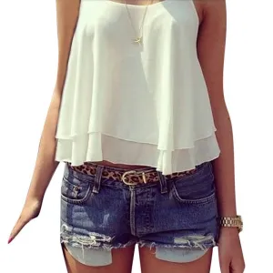 Summer Women Strap Tank Tops Sleeveless White Chiffon Casual T-shirt Vest Crop Tops