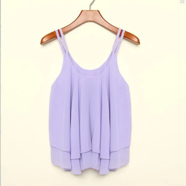 Summer Women Strap Tank Tops Sleeveless White Chiffon Casual T-shirt Vest Crop Tops