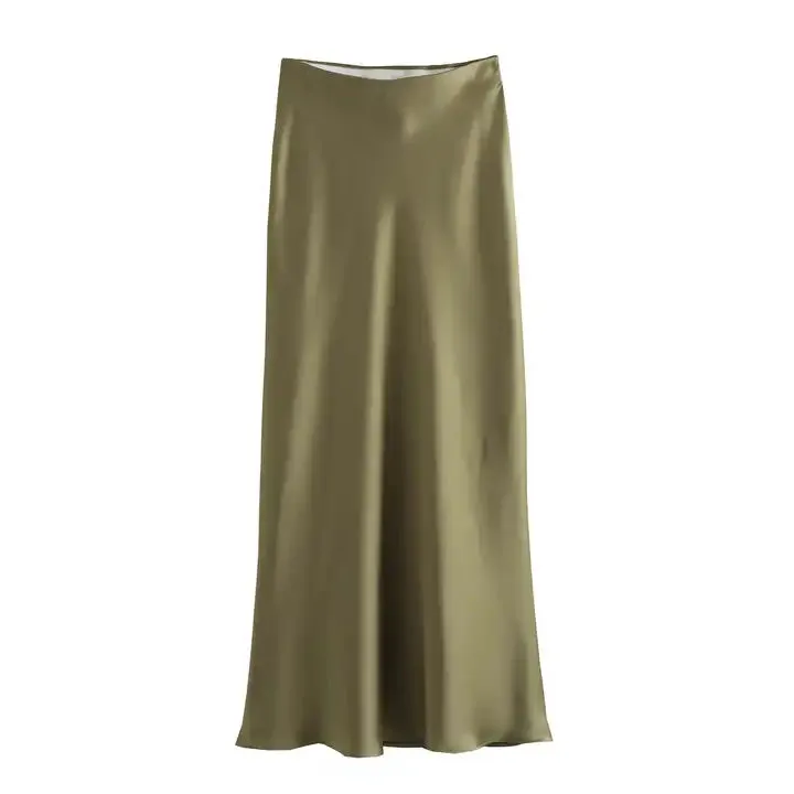 Sundae Green Satin Straight Cut Midi Skirt