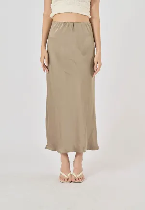 Sundae Green Satin Straight Cut Midi Skirt