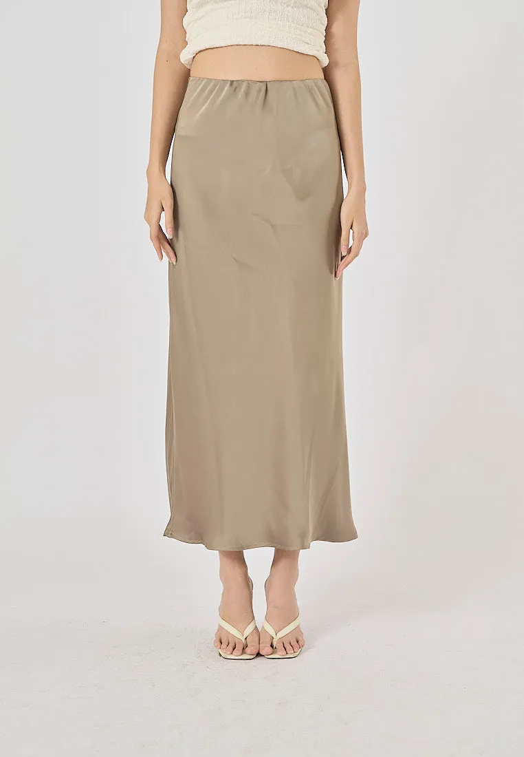 Sundae Green Satin Straight Cut Midi Skirt