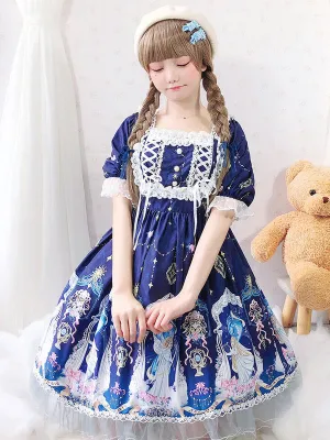 Sweet Lolita OP Dress Lace Blue Short Sleeves Lolita One Piece Dresses