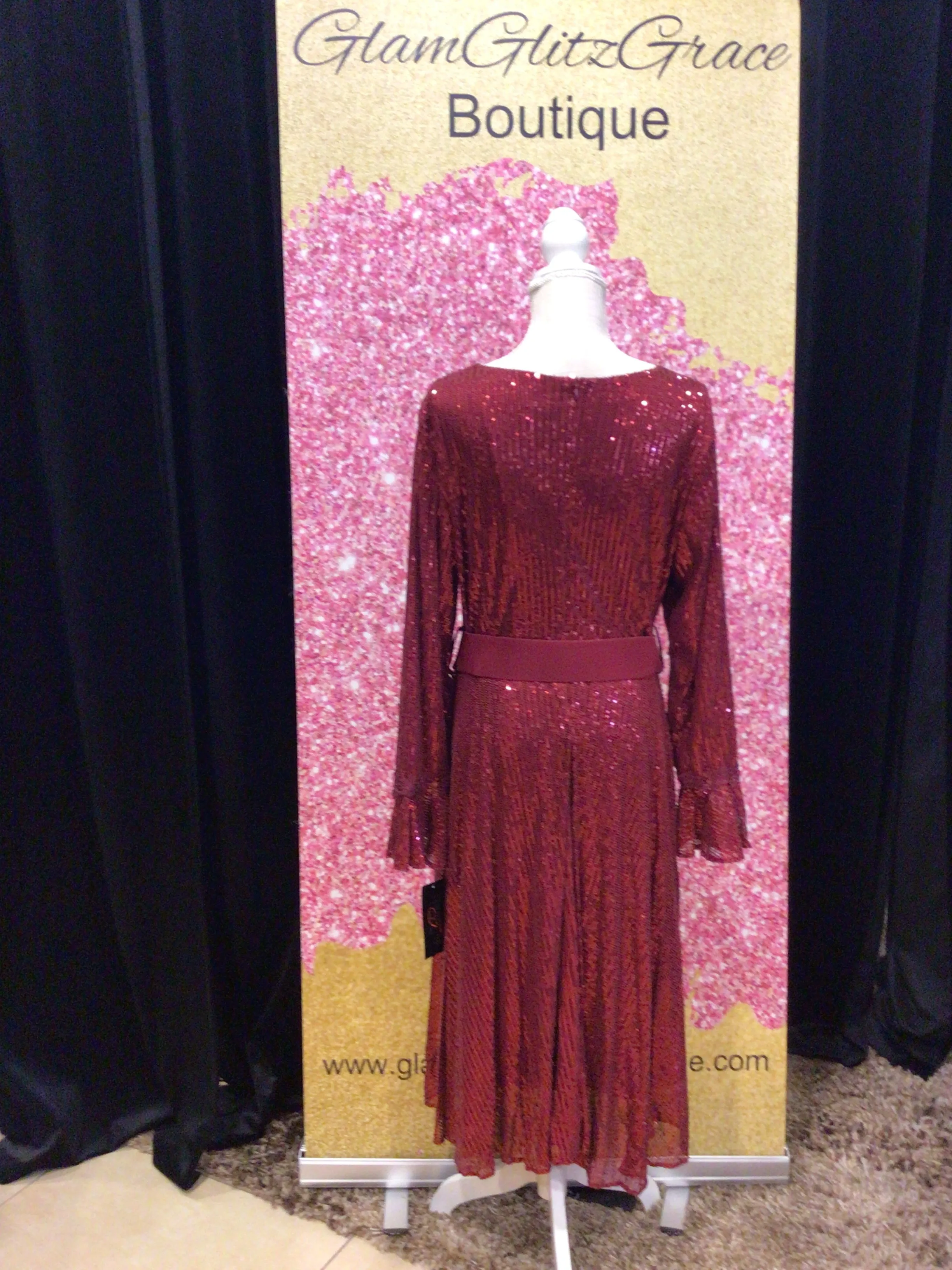 Terramin Burgundy Sequin Mid Bell Sleeves Dress