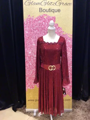 Terramin Burgundy Sequin Mid Bell Sleeves Dress