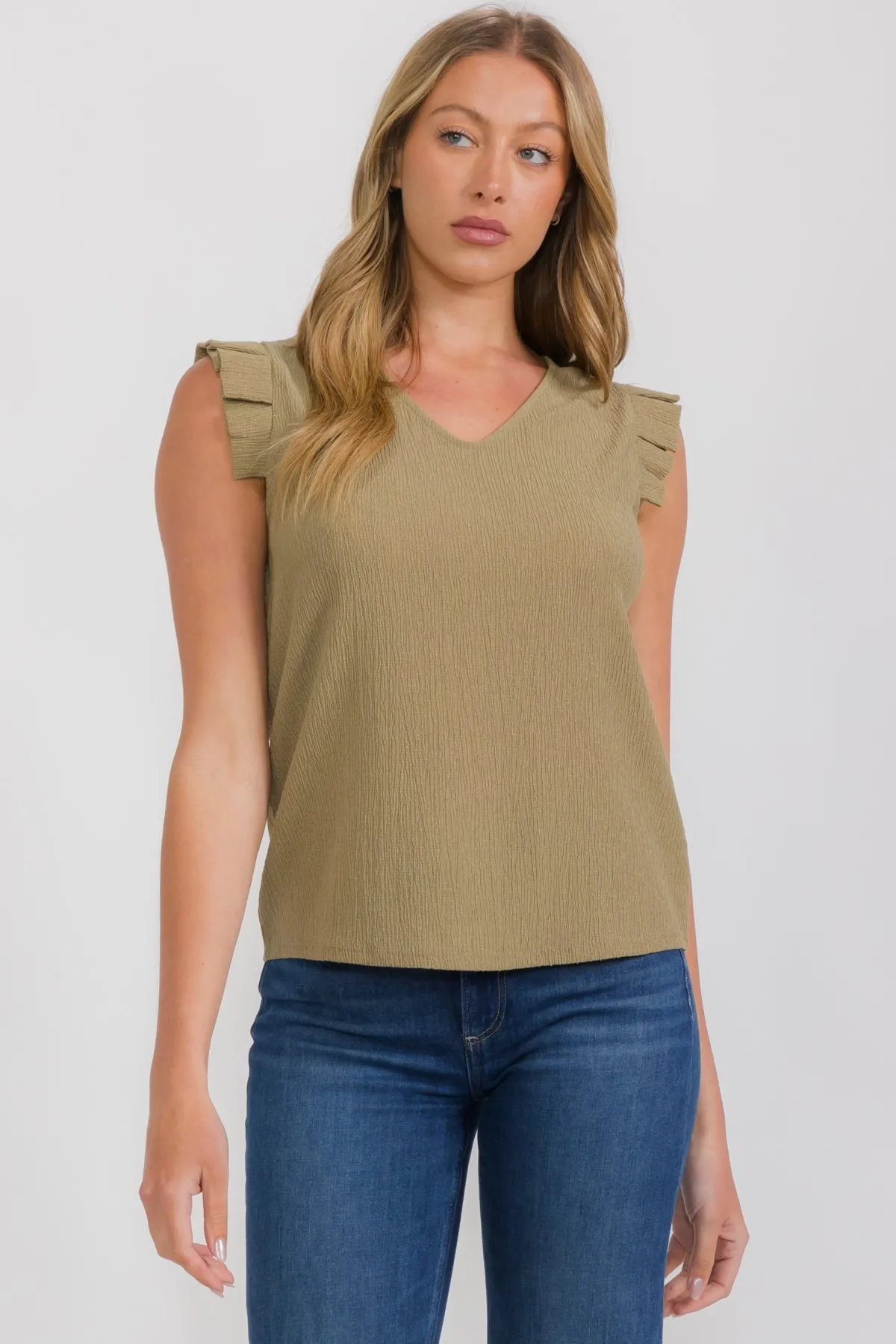 TEXTURE CREPE VNECK RUFFLE DETAIL SLEEVELESS TANK