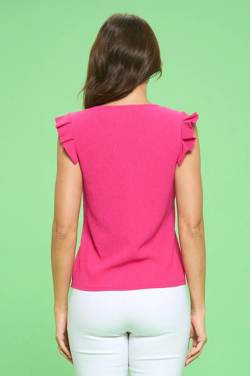 TEXTURE CREPE VNECK RUFFLE DETAIL SLEEVELESS TANK