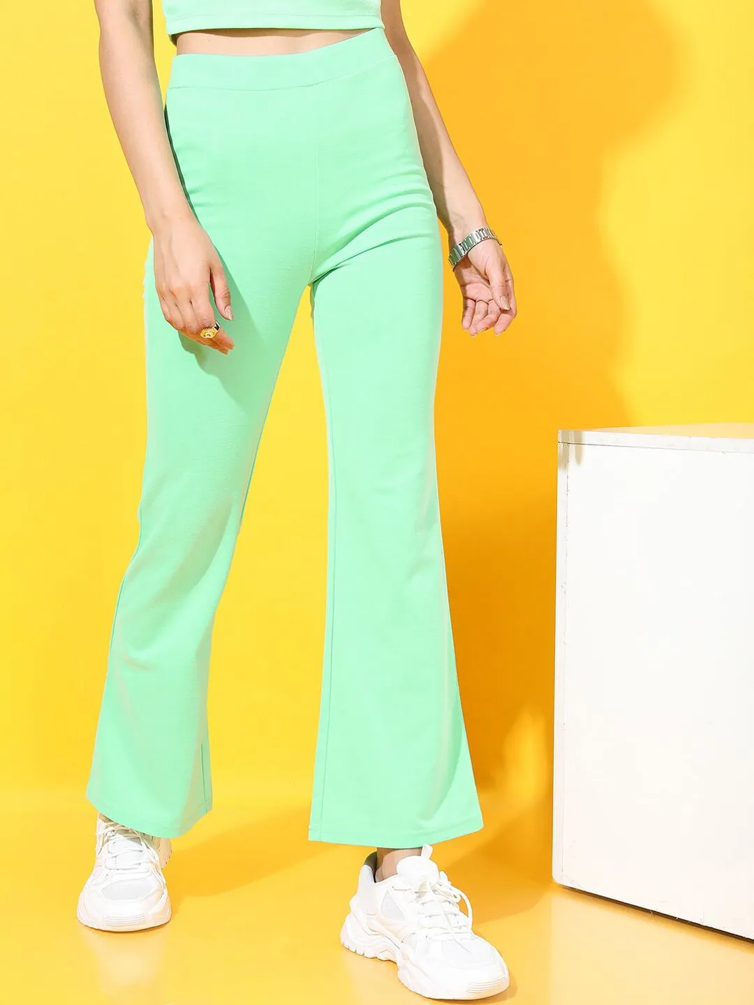 Tokyo Talkies Women Green Solid Mid rise Boot cut  Trousers
