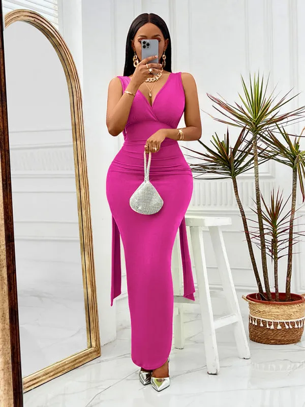 V-neck Long Dress with Fitted Waist and Side Slit