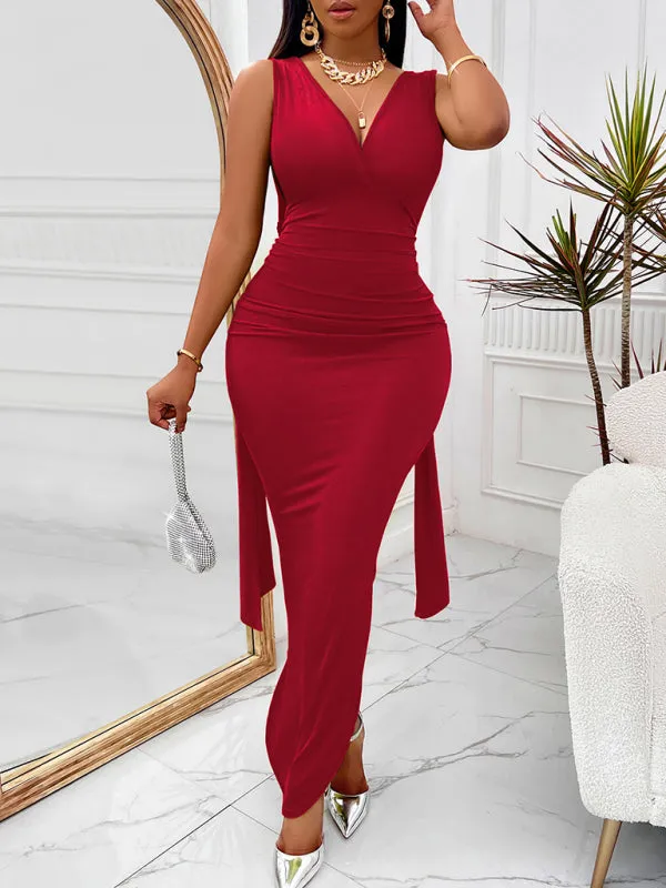 V-neck Long Dress with Fitted Waist and Side Slit