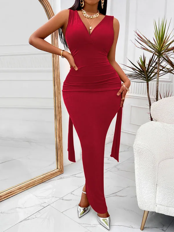 V-neck Long Dress with Fitted Waist and Side Slit