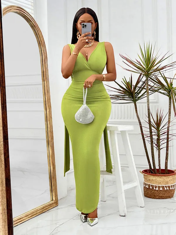 V-neck Long Dress with Fitted Waist and Side Slit