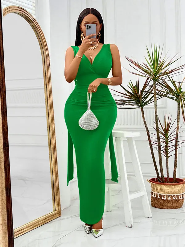 V-neck Long Dress with Fitted Waist and Side Slit
