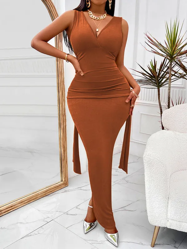 V-neck Long Dress with Fitted Waist and Side Slit